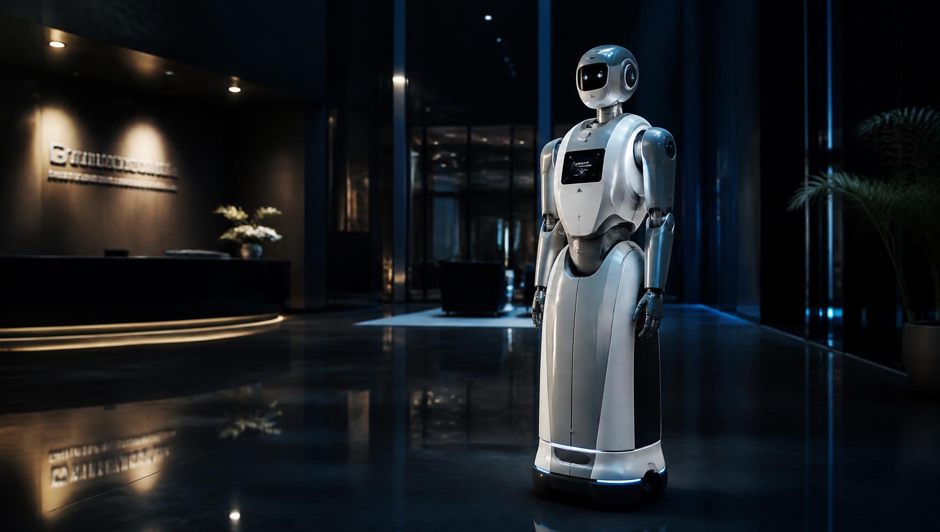 Humanoidný servisný robot v modernej tmavej lobby